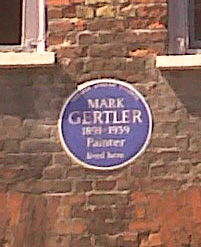 close-up of blue plaque to painter Mark Gertler